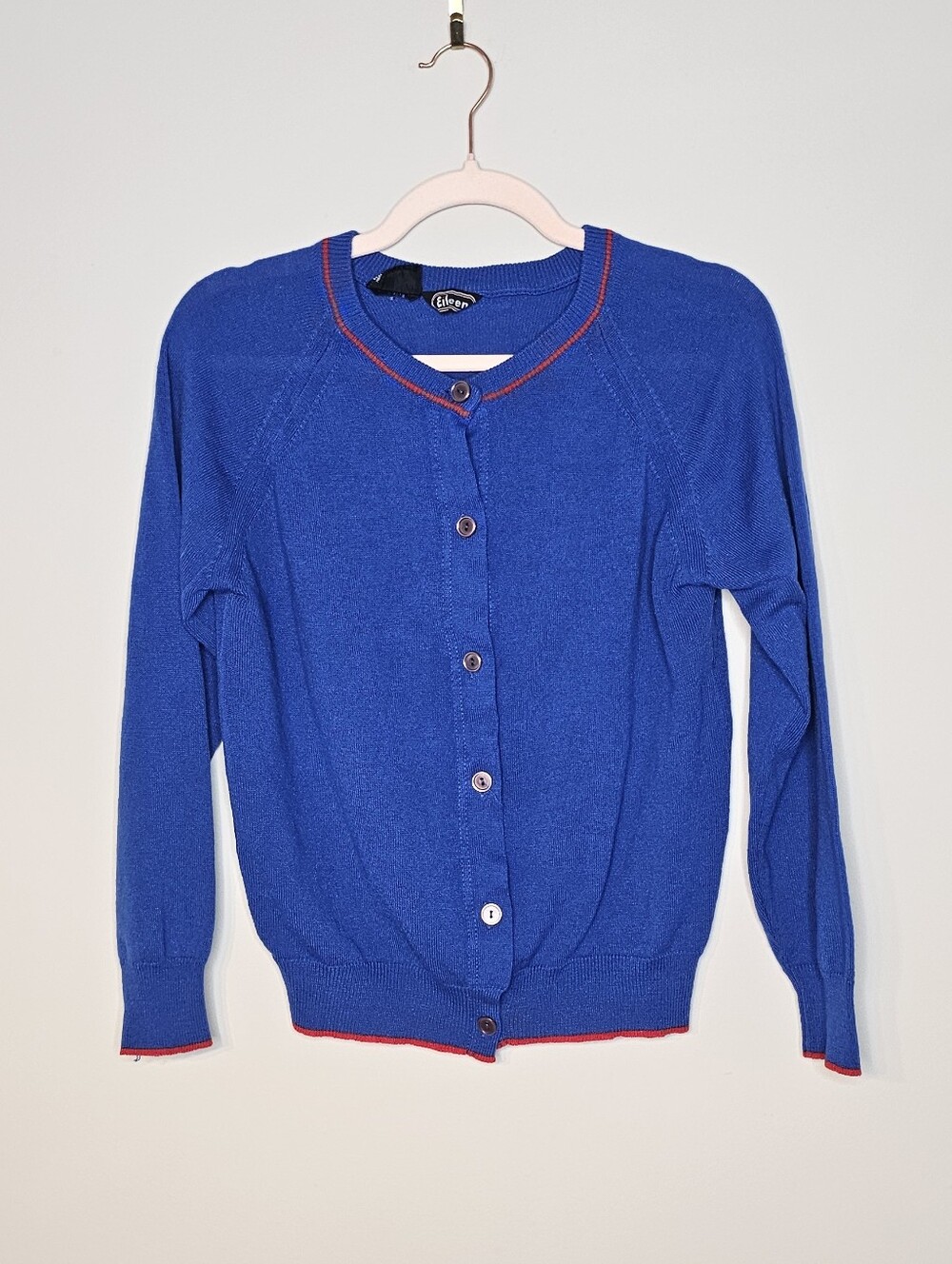 Vintage Eileen Button Front Cardigan Size Small Blue Red Made in Poland